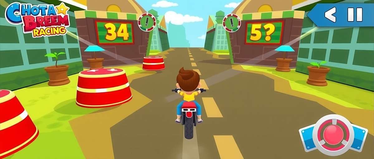 Chhota Bheem Racing gameplay showing race through Dholakpur market with obstacles and power-ups